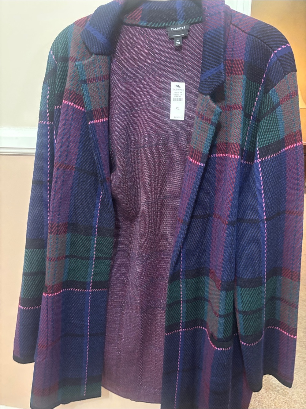 Talbots Purple & Green Plaid Open-Front Blazer